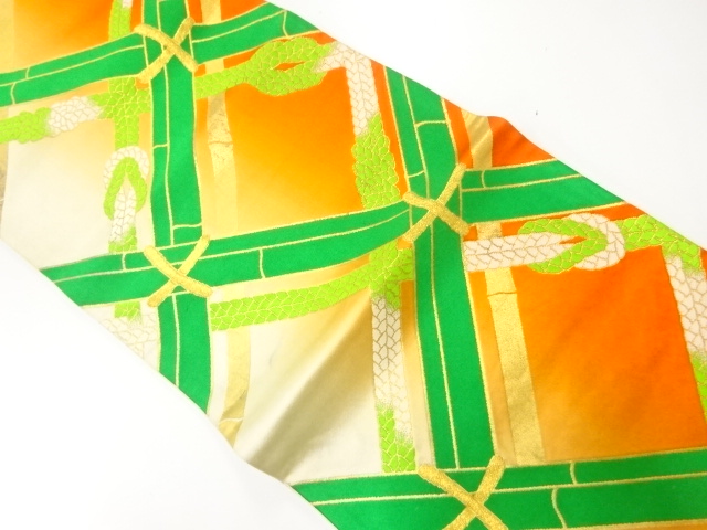 アンティーク　竹格子に組紐模様織り出し暈し袋帯